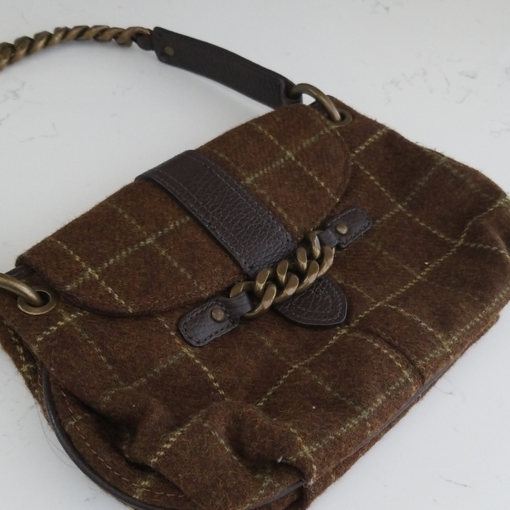 J Crew plaid leather small purse with chain detail